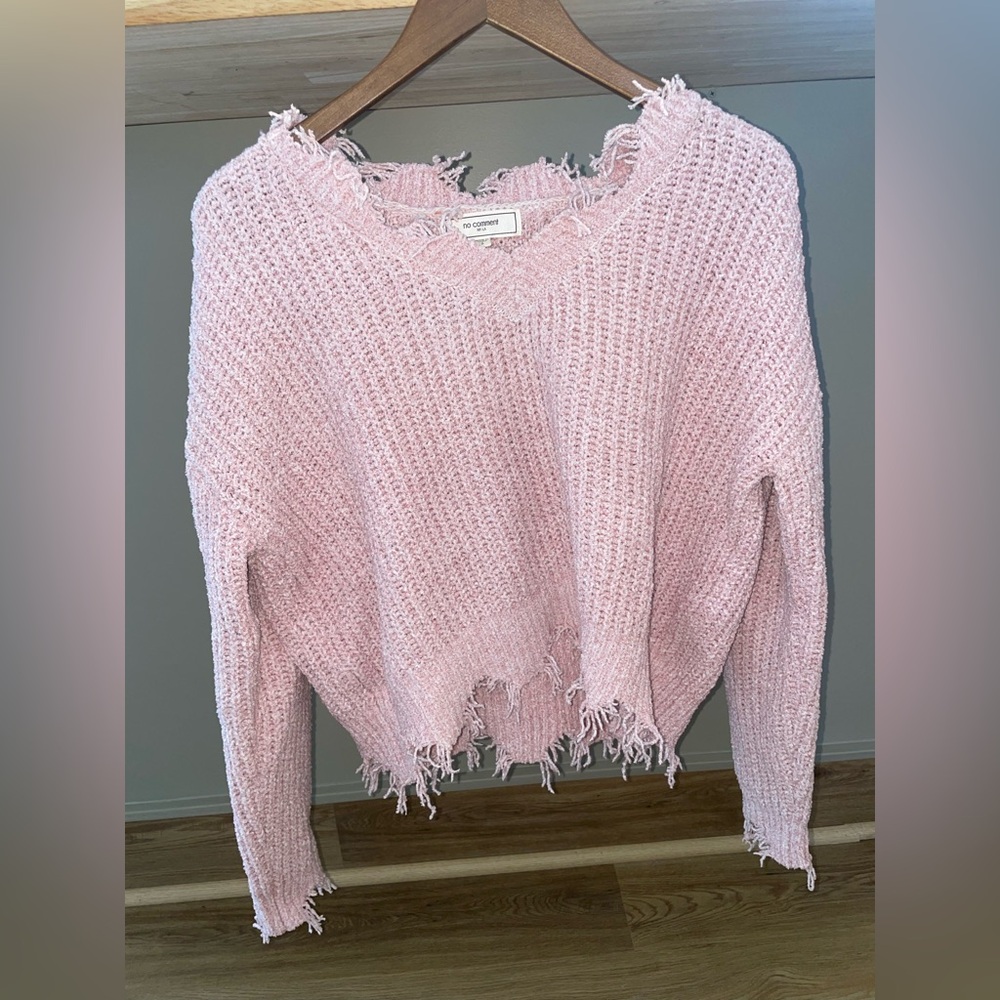 No Comment light pink distressed sweater